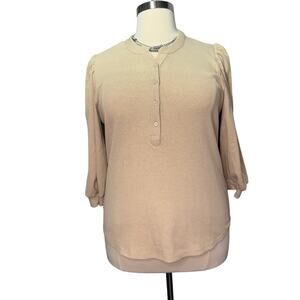 Chico’s Henley Top Women’s Size XL (3) Ribbed 3/4 Sleeve Tan Cotton Blend